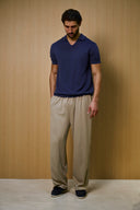Creme Knitted Short Sleeve Polo – Navy